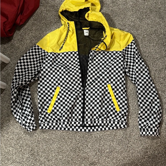 Vans Checkered Hooded Jacket Women’s M Yellow Black White Vented - Picture 2 of 3